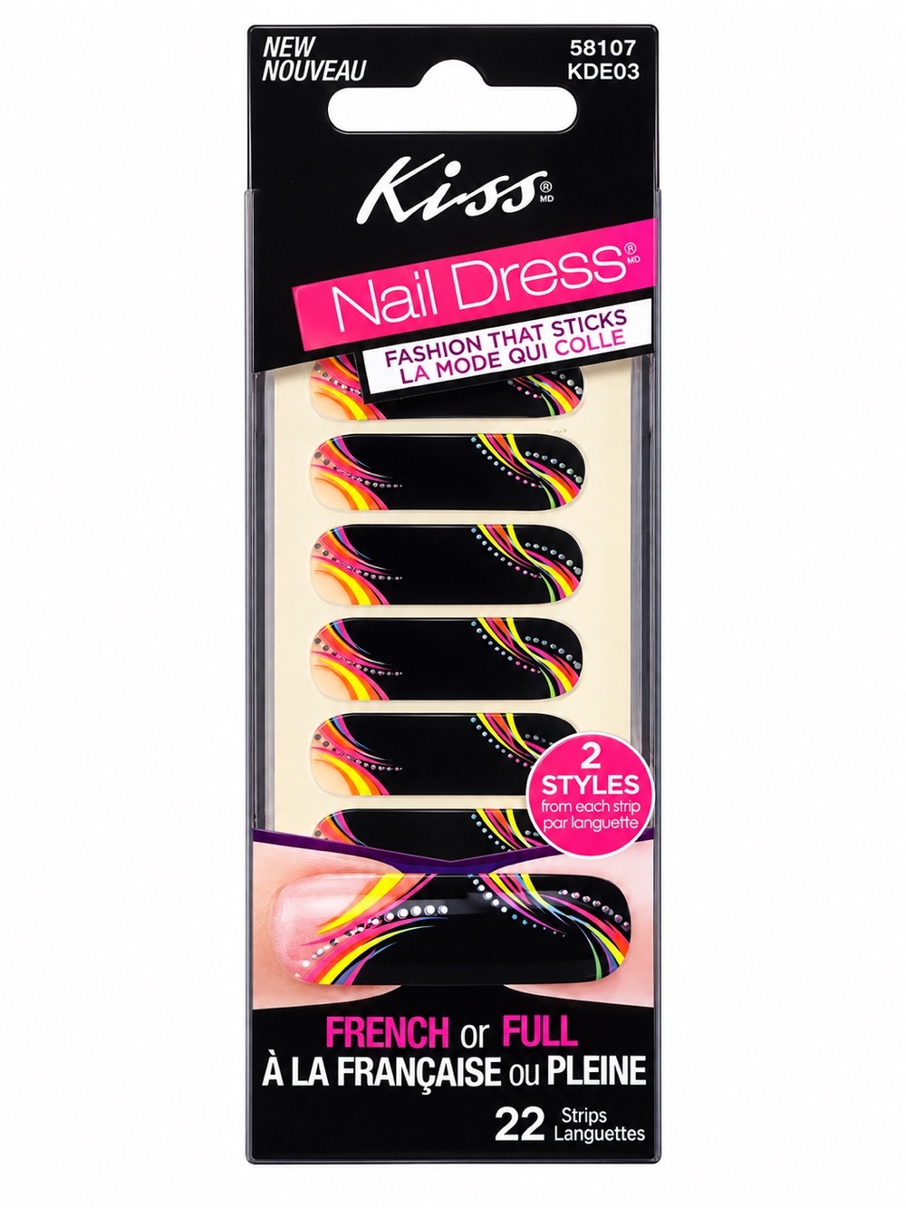 Kiss Nail Dress Adhesive Nail Strips — Black with Pink & Yellow Accents